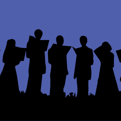 a group sings in front of a purple background 