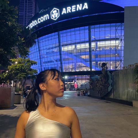 Dancer Tula Johnson outside the Crypto.com Arena