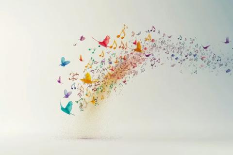 Drawing of colorful birds flying. 