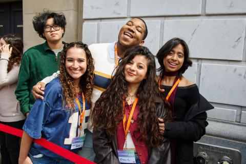Berklee students in line at the BPC smiling at the camera